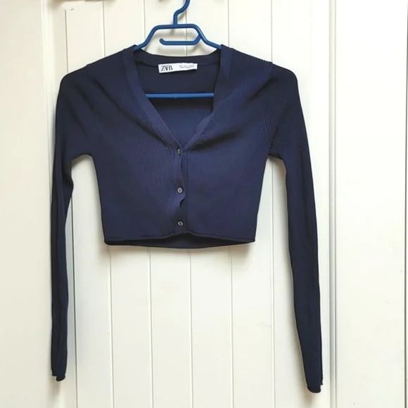 ZARA dark blue ribbed cropped long sleeves button up top shirt Small - Picture 2 of 8